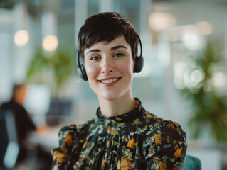 Happy customer service representative. Portrait of a smiling customer service representative wearing a headset in a busy office.