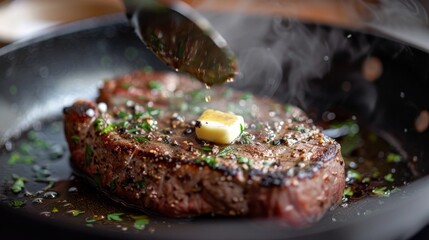 Steak being basted with butter and herbs in a hot skillet