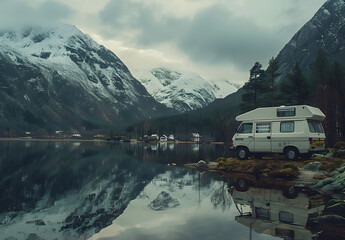 Family vacation travel RV, holiday trip in motorhome, Caravan car Vacation. Beautiful Nature Norway natural landscape.
