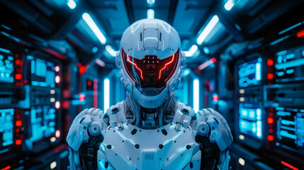 Cyborg robot in futuristic space ship environment