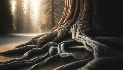 A detailed close-up of a gnarled tree trunk and its roots, focusing on the rough texture and the twists and turns of the wood.