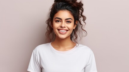Obraz premium Happy smiling woman with white shirt copy space for text
