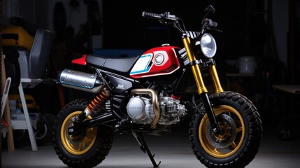 Obraz premium Racer motorcycle in black, red and gold colors parked neatly inside a garage, ready for its next ride dark studio