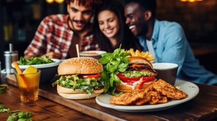 Smiling african american couple or friends sitting at large table at dinner together burgers enjoy party