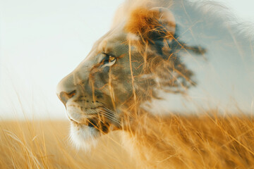 Double exposure photograph of a lion�s face combined with a savannah landscape emphasizing the connection between wildlife and nature with ample copy space for text, Generative AI
