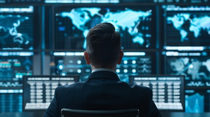 Fototapeta premium A businessman analyzing data on multiple screens showcasing global statistics and real-time information in a modern control room.
