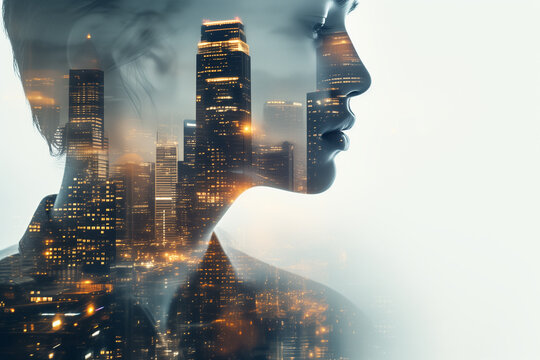 Double exposure photograph of a man�s profile blended with urban elements like streets and skyscrapers with cityscape complementing his features and copy space for text, Generative AI