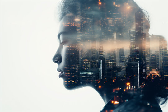 Double exposure photograph of a man�s profile blended with urban elements like streets and skyscrapers with cityscape complementing his features and copy space for text, Generative AI