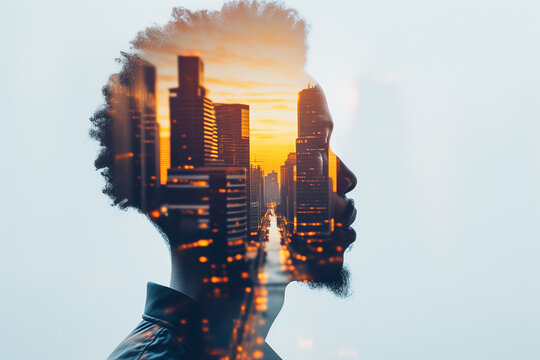 Double exposure photograph of a man�s profile blended with urban elements like streets and skyscrapers with cityscape complementing his features and copy space for text, Generative AI - Powered by Adobe