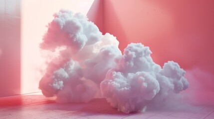 A cloud of white smoke is floating in a room with a pink wall