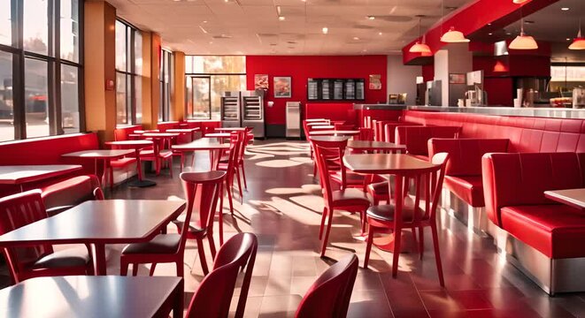 A restaurant with red interior chairs and counter