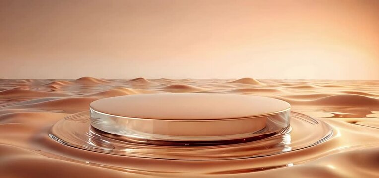 Glass Podium in the water for Advertising Products, Beige colors background, foundation cosmetic concept, light waves around. 3D rendering with copy space