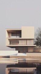 A Two-Storey Home With A Glass Balcony, Large Windows And Natural Landscape.