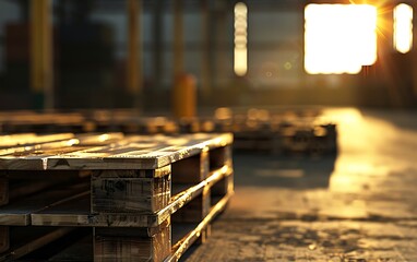 close-up of pallets of goods in a warehouse with a blurry background, captured in noon light