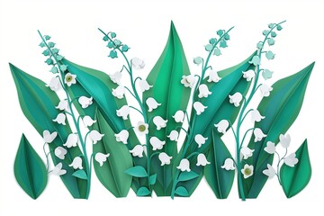 Vivid paper lilies of the valley, decorative floral design element, clip art set, isolated on white background