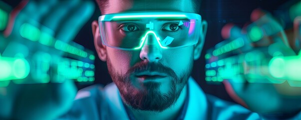 Man wearing futuristic glasses interacting with digital holographic interface in a high-tech environment. Innovation and technology concept.