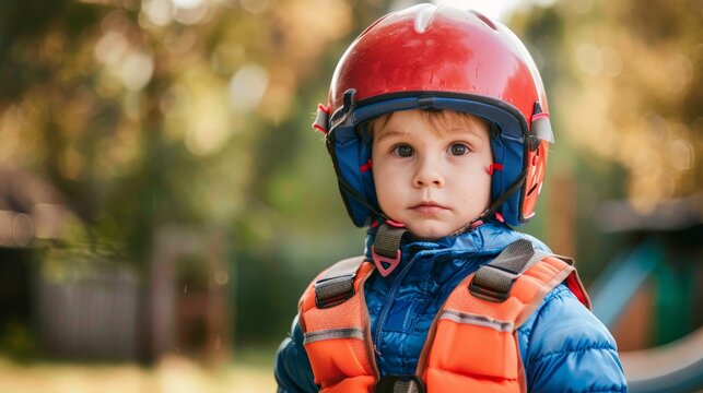 Young child wearing a red helmet and orange life jacket, standing outdoors against a blurred background. Safety gear and outdoor adventure.