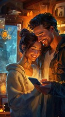 Loving couple sharing a joyful moment while looking at a smartphone in a cozy, warmly-lit room.