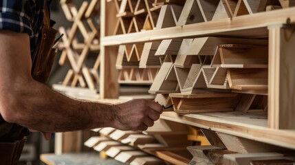 Detailed view of hands assembling a unique wooden bookshelf, focus on precision and woodworking tools --ar 16:9 Job ID: 003921bf-2a46-4d0b-95eb-0b1b54fafbce