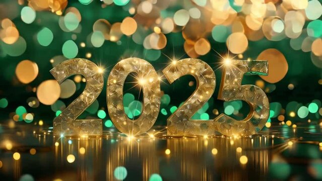 Sparkling 2025 with glitter and light reflections against festive bokeh background in green gold. New Year 2025