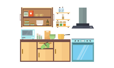 Home kitchenware, food and devices in color vector flat illustration
