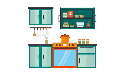 Home kitchenware, food and devices in color vector flat illustration