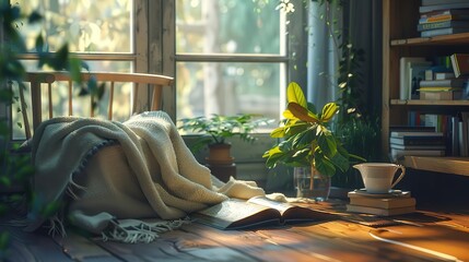 Frontal Angle, cozy reading nook with books, a warm blanket, and a cup of tea, relaxation, photorealistic masterpiece, professional photography, professional color grading, cinemat