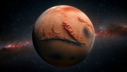 A detailed, high-focus image of Mars showcasing its red surface features such as Olympus Mons or Valles Marineris set against a starry background, in .