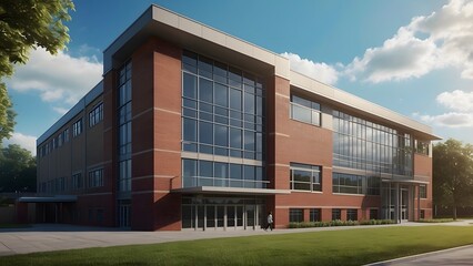 School building exterior design, full light red color theme, real estate school exterior front elevation design, bright sunny day 