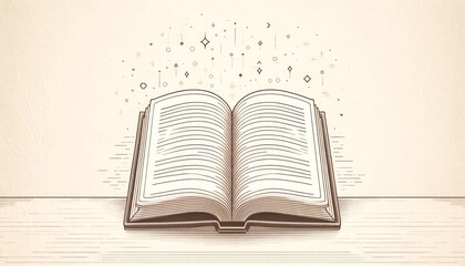 Obraz premium A side view of an open book on a desk, with simple lines suggesting text on the pages, set against a textured paper background.