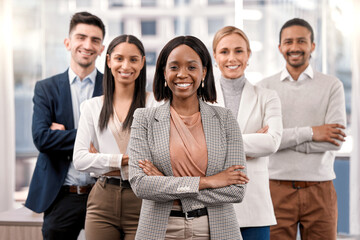 Business people, portrait and arms crossed for company mission in office, professional and pride...