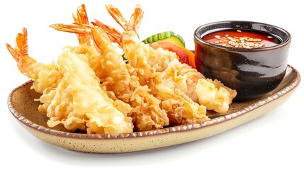 A plate of tempura shrimp with a side of sweet and sour sauce. The shrimp is lightly battered and fried, and the sauce is tangy and flavorful.
