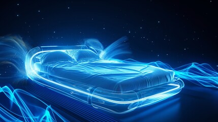 A glowing, futuristic bed floats in a starry night sky, surrounded by ethereal blue light trails.