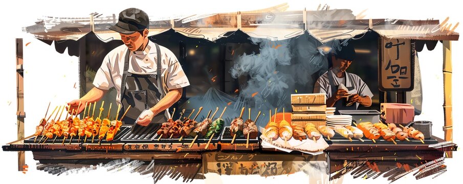 A Japanese street food stall with a chef cooking various types ofChuan Shao ki (kushiyaki) on a grill.