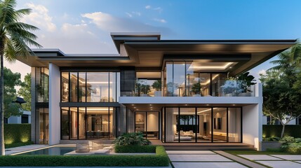 Fototapeta premium A Two-Storey Home With A Glass Balcony, Large Windows And Natural Landscape.