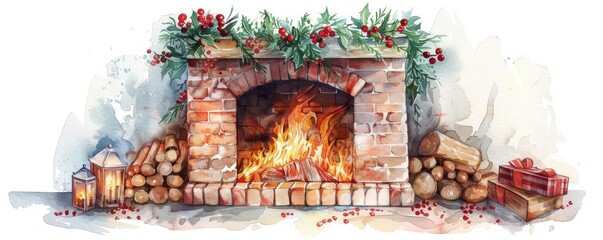 A Christmas fireplace clipart, cozy holiday scene, 3D realistic illustration, with stockings, isolated on white background