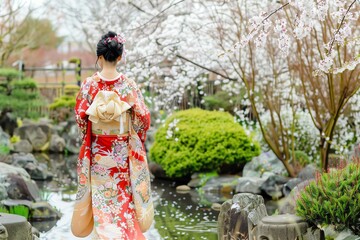 Obraz premium A woman wearing a red kimono is standing in a garden. The cherry blossoms are in bloom.