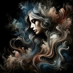 a surreal portrait of a woman with flowing, wavy hair blending into a smoky background. Her serene profile features intricate hair details in silver, blue, and brown, creating a dreamlike atmosphere.