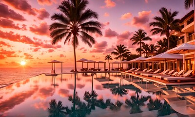 Obraz premium Luxury travel: a beautiful infinity pool overlooking the ocean at a tropical resort