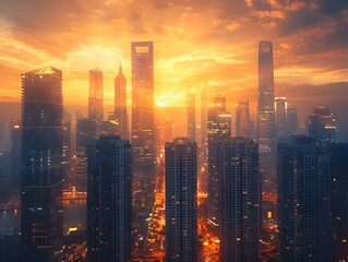 Obraz premium Dramatic Cityscape at Dusk with Tall Illuminated Skyscrapers and Vibrant Sunset Sky