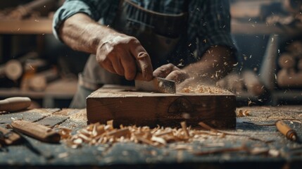 Close-up of a craftsman using woodworking tools on a wooden project in a workshop, creating fine wood shavings and sawdust.