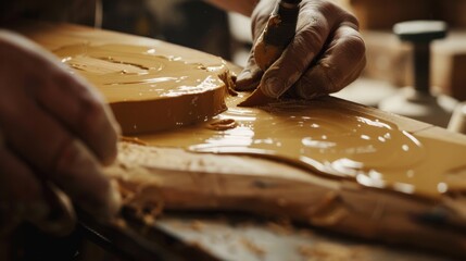 Close-up of a craftsman woodworking, applying wood varnish on a wooden surface, highlighting craftsmanship and artisanship in a workshop.