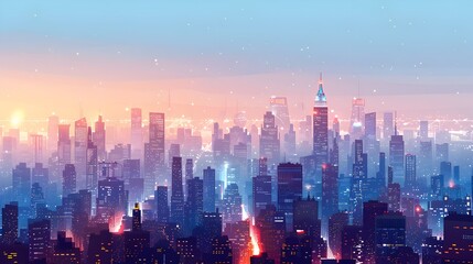 Obraz premium Panoramic View of Iconic Skyscrapers and Landmarks in Modern City Skyline at Sunset