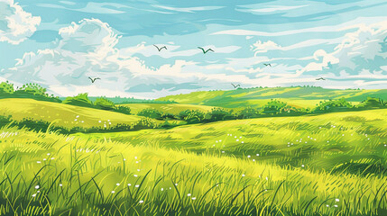 Obraz premium A illustration of a green grass field with a blue sky and clouds. 