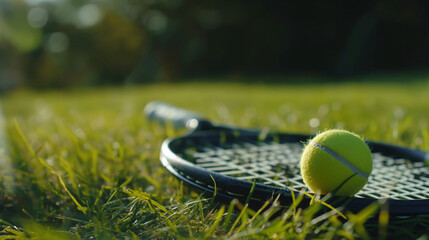 The synergy of a tennis ball and racket captured in a close-up shot, with the deep green grass court providing a serene backdrop.