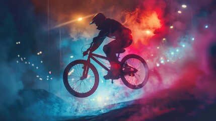 Obraz premium BMX Freestyle: double exposure silhouette with bike stunt; emphasis on trick; copy space; vibrant colors