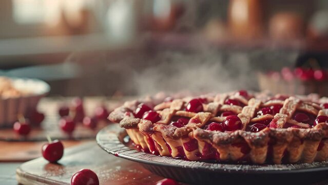 Fresh backed hot cherry pie, cake with cherries with steam, tasty, soft and delicious ,Homemade bakery concept for background cafe