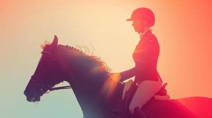 Equestrian, attention on the horse, copy space, vivid tones, double exposure silhouette with equestrian course.
