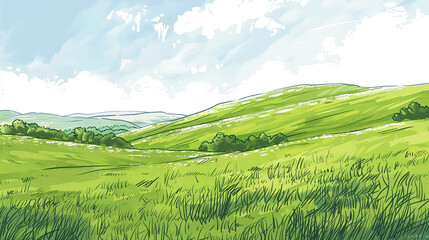 Obraz premium A illustration of a green grass field with a blue sky and clouds. 