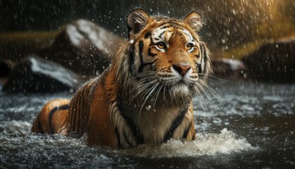 A tiger in the water during a heavy rainstorm, with raindrops splashing on its fur.